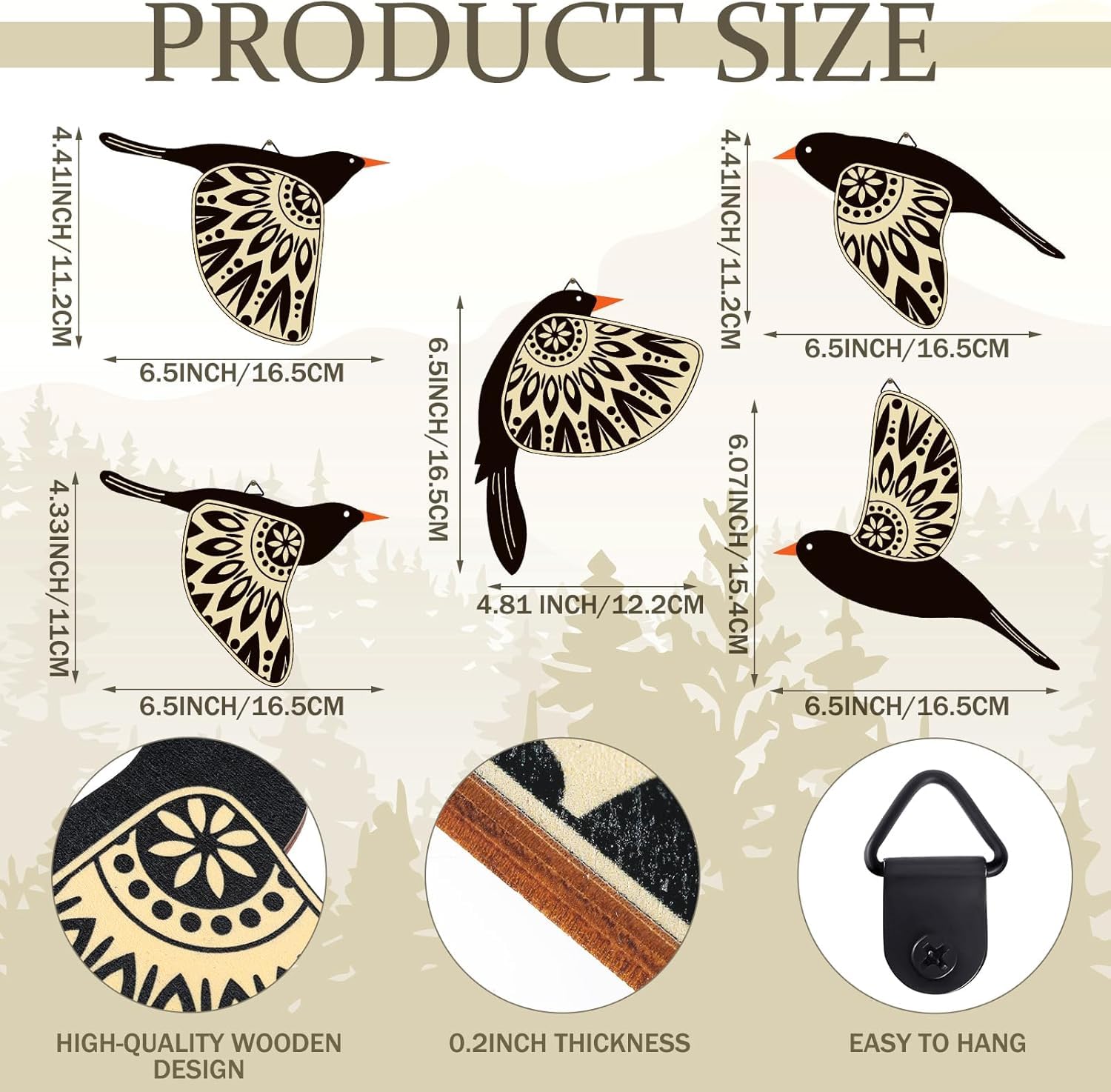 Wooden 3D 5 Pieces Birds on Rope Wall Art - Image 4