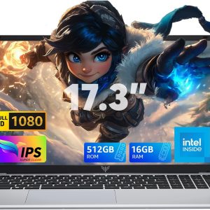 2024 Laptop,17.3-Inch FHD Display Laptop Computer with Quad Core-12th Alder Lake N97(Up to 3.6GHz), 16GB RAM 512GB ROM Traditional Laptop Computer, 6000Mah Battery,Silver